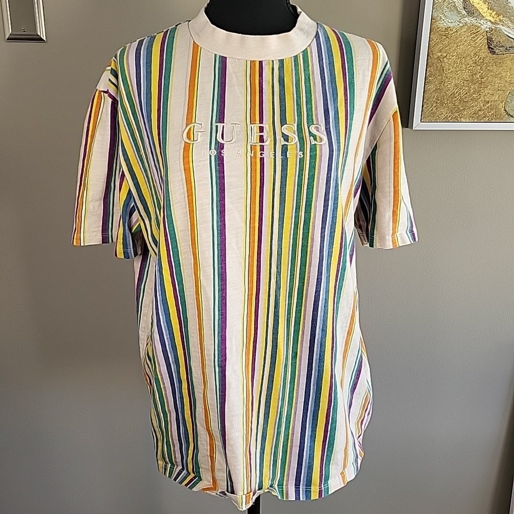 VINTAGE Retro 90's Guess TShirt Men's S Vertical Striped Embroidered Logo
